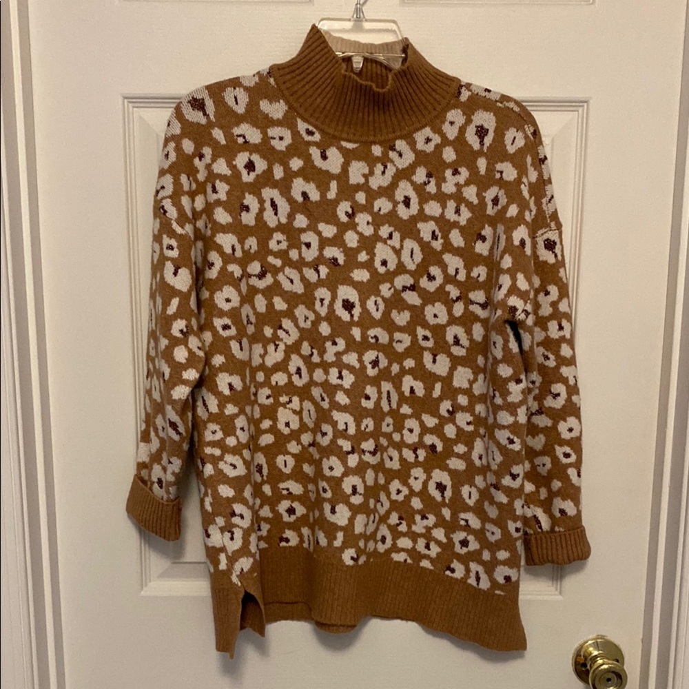 Brown and White Cowl Neck Sweater with Abstract Print
